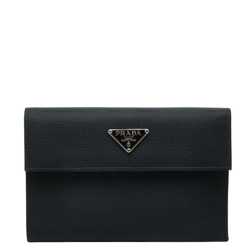 プラダ 三角ロゴプレート 三つ折り財布 ブラック ナイロン レザー レディース PRADA【1-0281517】