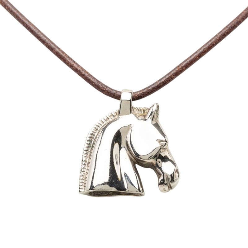 エルメス シュバルホース ペンダント ネックレス シルバー レザー メタル レディース HERMES【252-83196】