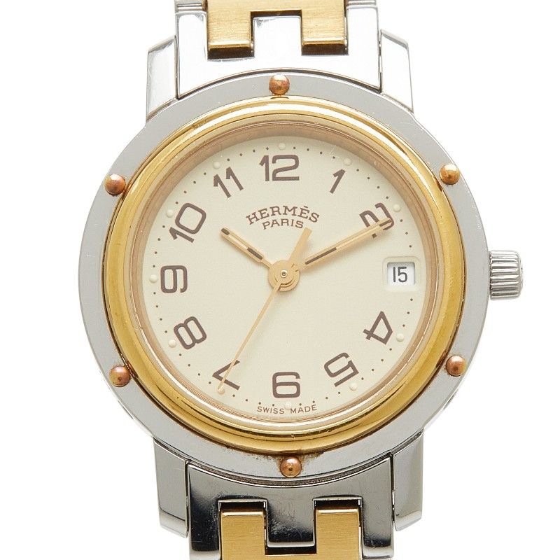 エルメス クリッパー 腕時計 CL4.220 ベージュ ゴールド シルバー ステンレススチール レディース HERMES【214-83215】