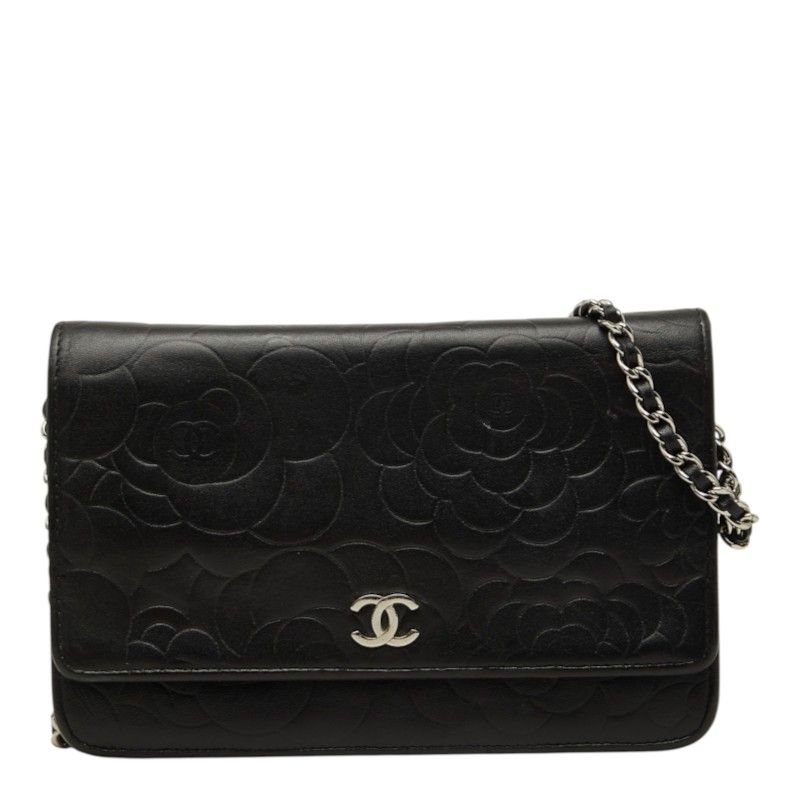 シャネル カメリア ココマーク チェーン ショルダーバッグ ウォレット ブラック ラムスキン レディース CHANEL【228-85508】
