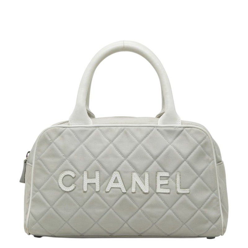 シャネル スパライン マトラッセ ロゴ ボストンバッグ グレー ホワイト キャンバス レザー レディース CHANEL【228-85518】