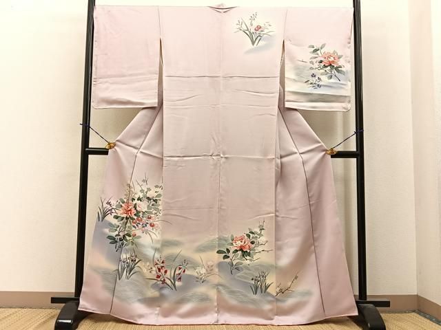 平和屋着物●訪問着　友禅　流水草花文　暈し染め　正絹　逸品　未使用　BAAY3998hj
