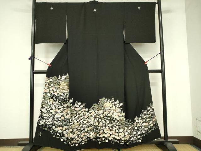 平和屋着物●豪華黒留袖　総刺繍　風景花文　金糸　正絹　逸品　DABI5188op