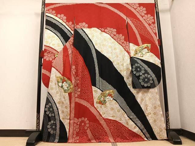 平和屋着物●豪華振袖　絞り　駒刺繍　地紙花文　金銀彩　正絹　逸品　AABL0674ph