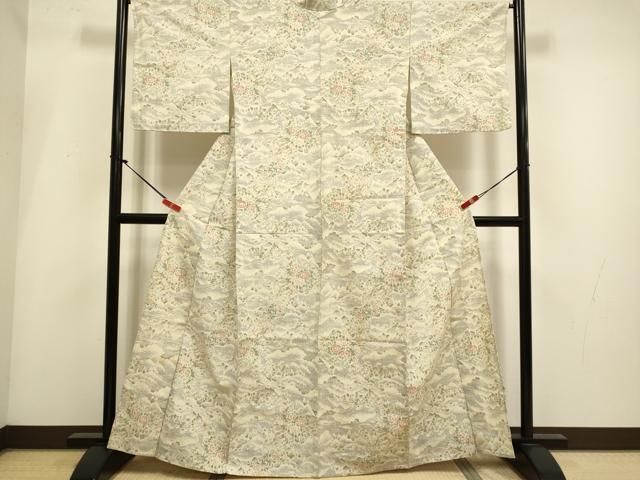 平和屋着物▽上質な紬　単衣　花鳥文　正絹　逸品　DABI4011du
