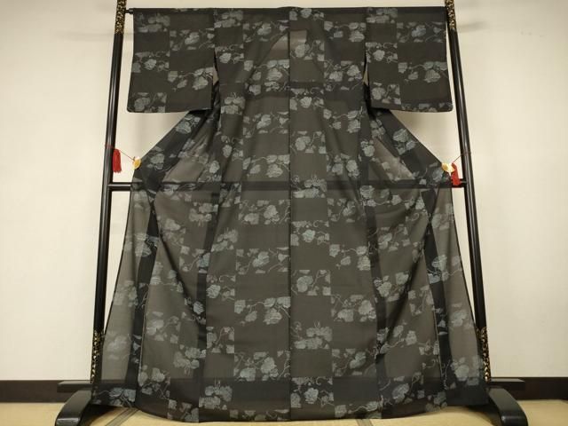 平和屋着物＊夏物　小紋　紗　蔦の葉文　黒地　洗える着物　AABK6564jd