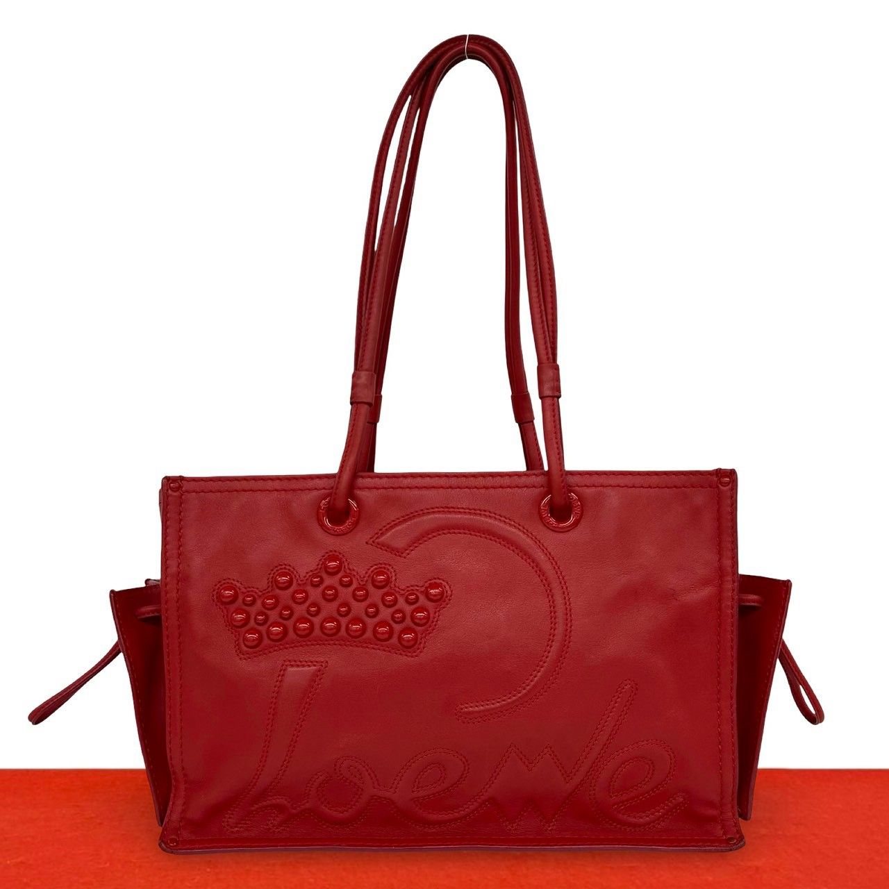 ロエベ　ハンドバック　赤色 極 美品 LOEWE ロエベ ショッパー トートバッグ スタッズ ロゴ ナッパ