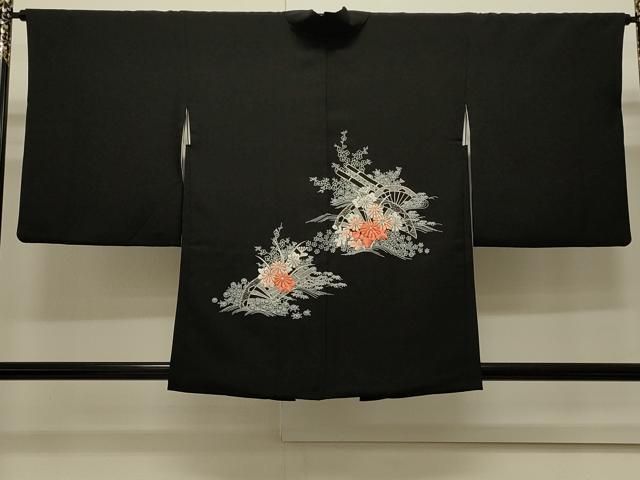 平和屋着物＃羽織　刺繍　立波片輪車花文　黒地　正絹　逸品　CABJ5265in 18,720円