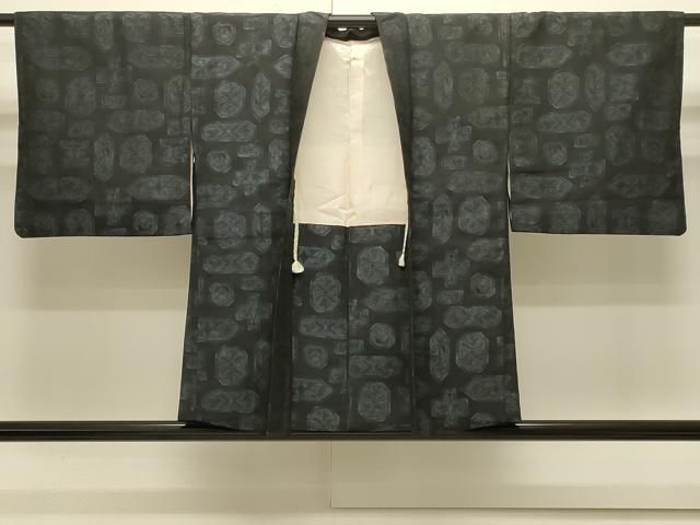 平和屋着物＃羽織　幾何学花文　黒地　正絹　逸品　CABJ5297in 14,560円