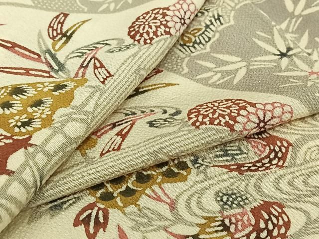 平和屋着物▽上質な小紋　単衣　流水鴛鴦花文　鬼しぼ縮緬　正絹　逸品　AABK3641jh