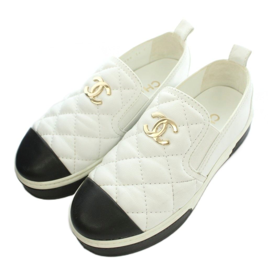 シャネル CHANEL 23P ココマーク マトラッセ レザー スリッポン シューズ 厚底 ロゴ キルティング 切替 バイカラー 36 白 ホワイト 黒 ブラック G39180 /BB 71,995円