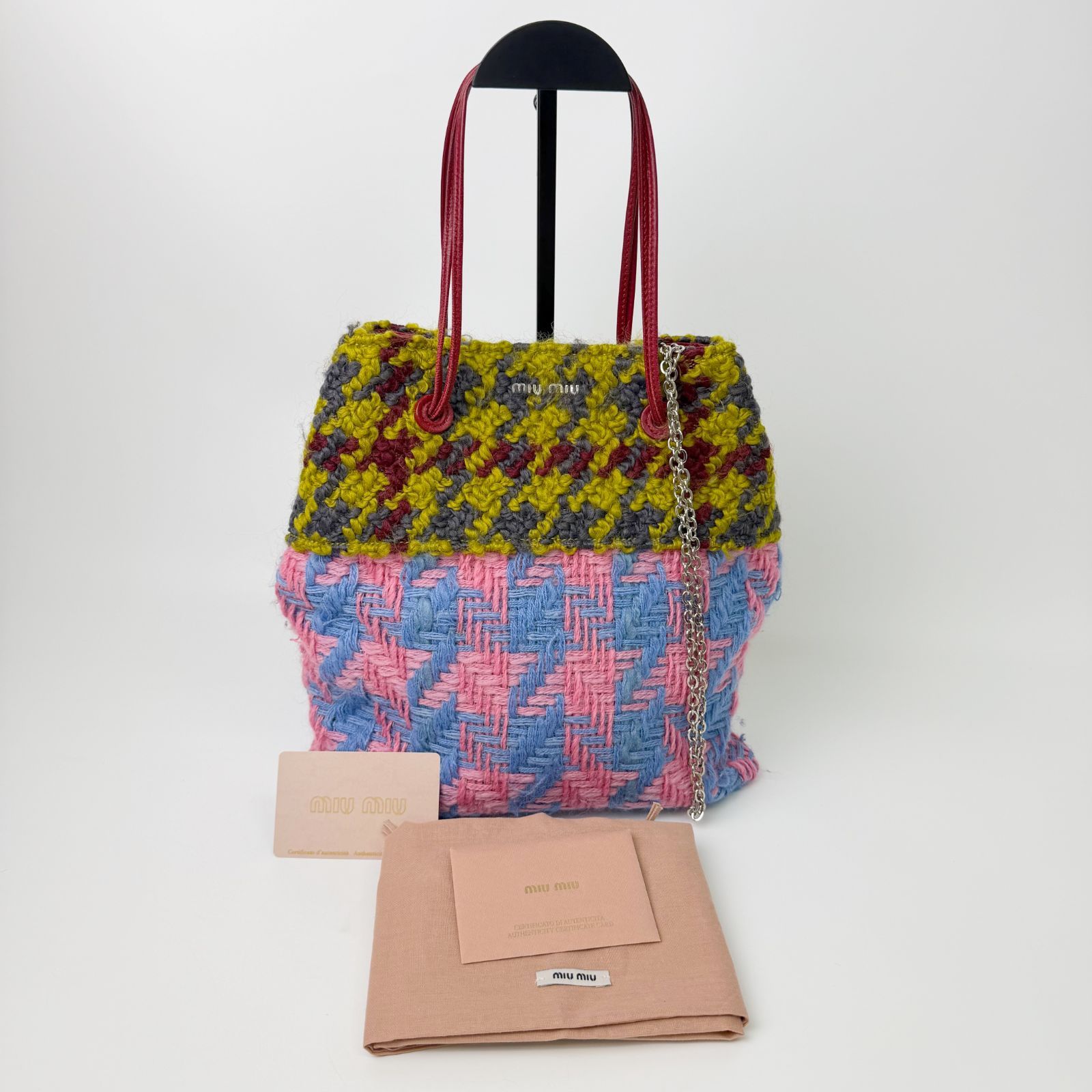 【中古】MIU MIU ミュウミュウ 千鳥格子 2WAY トートバッグ ショルダーバッグ ツイード マルチカラー / レッド 金具シルバー ヴィンテージ レディース HIBUOCHI VINTAGE hboc260804a03