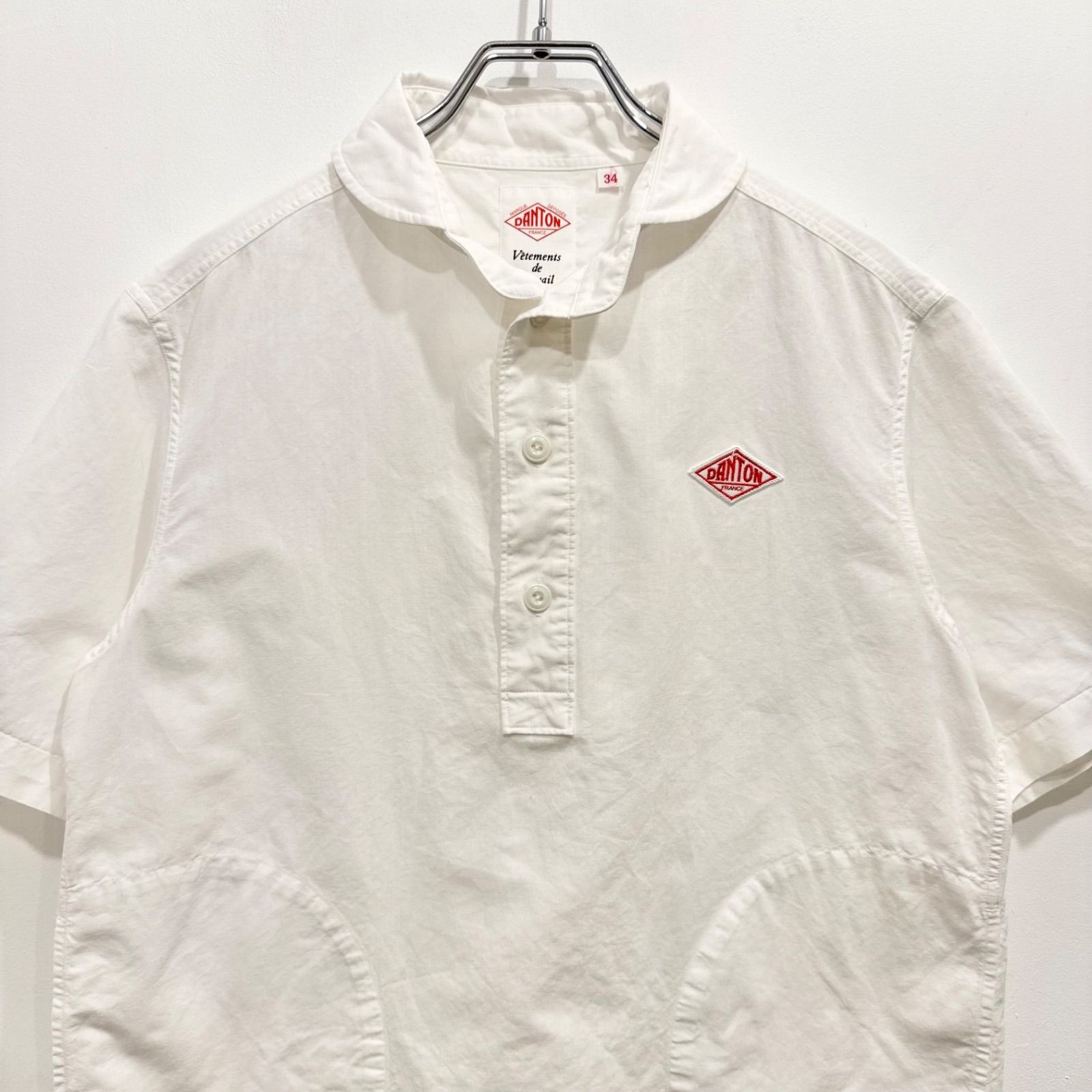 DANTON ダントン 半袖 プルオーバー 綿 麻 シャツ ホワイト ロゴ 