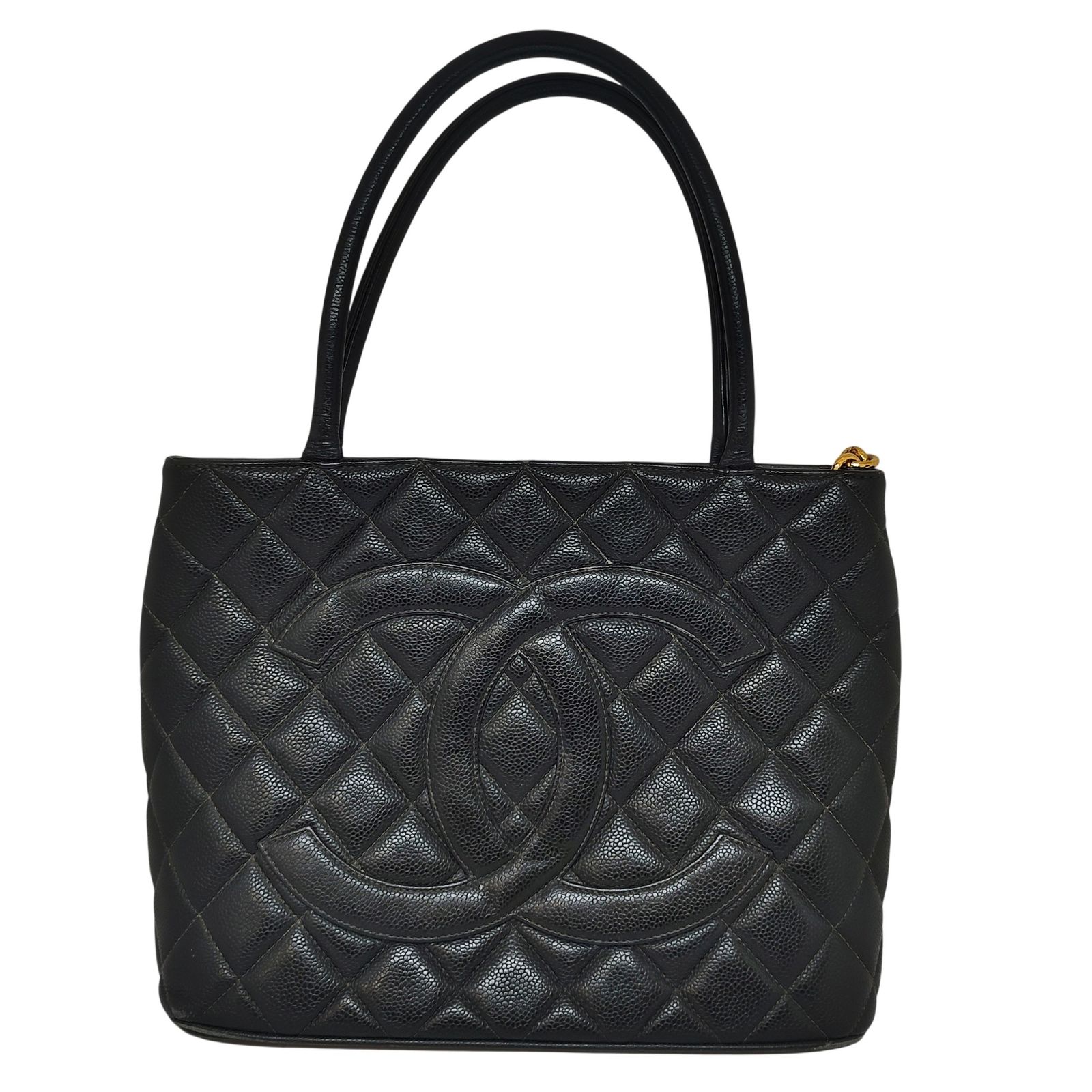 CHANEL シャネル 復刻 キャビアスキン トートバッグ ヴィンテージ 金具 ゴールド Ｆ ブラック レディース