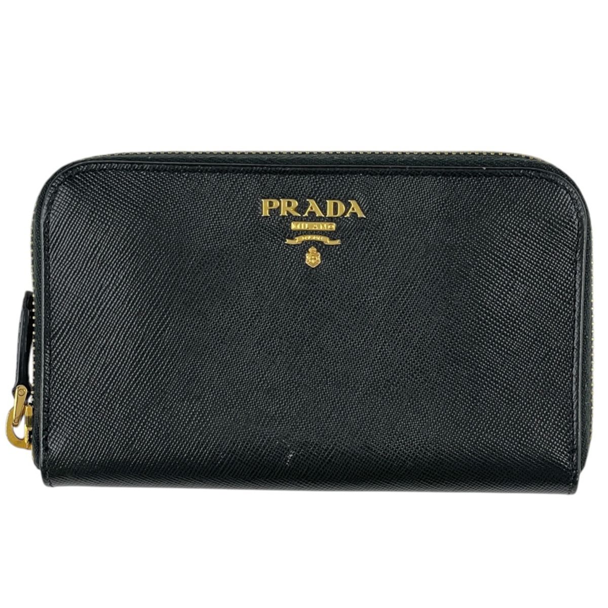 プラダ PRADA コインケース ロゴプレート ラウンドファスナー レザー ダークグリーン レディース 【中古】