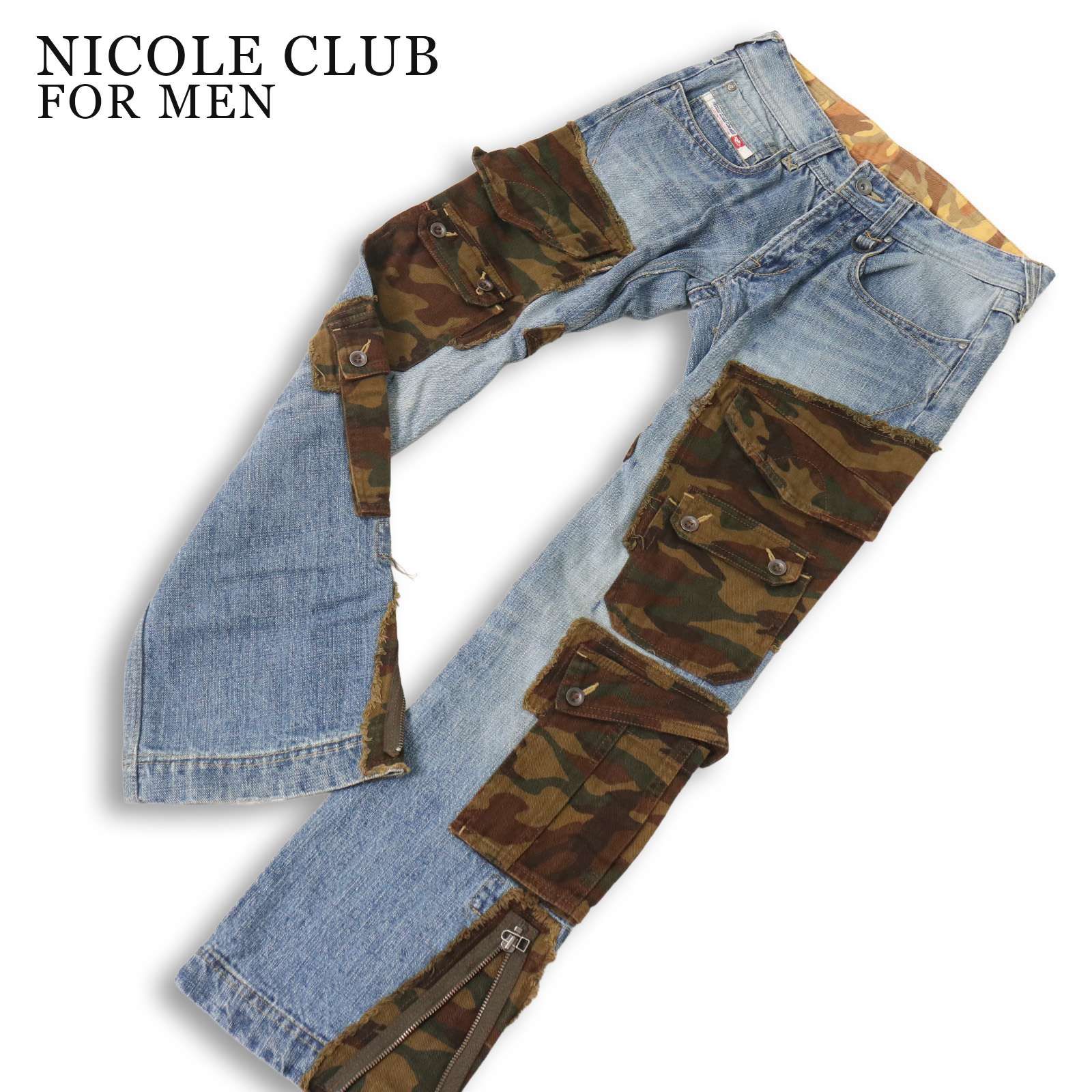 Y2K 00s★ NICOLE CLUB FOR MEN ニコルクラブ フォーメン 迷彩 カーゴ ポケット★ ブーツカット デニム パンツ Sz.44 メンズ