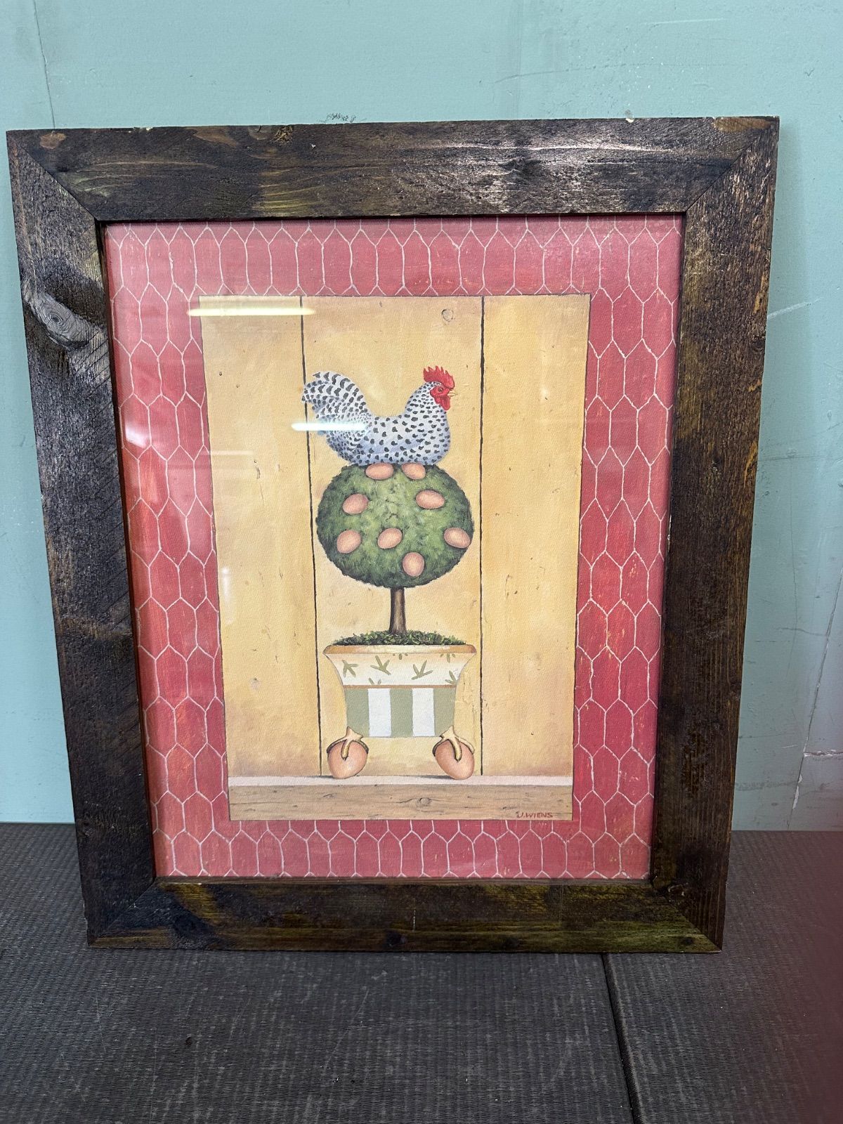 @ アートワーク James Wiens Chicken Topiary 鶏 トピアリー 卵 木 鉢 ウィムジカル カントリー調 木製フレーム 額縁 3F