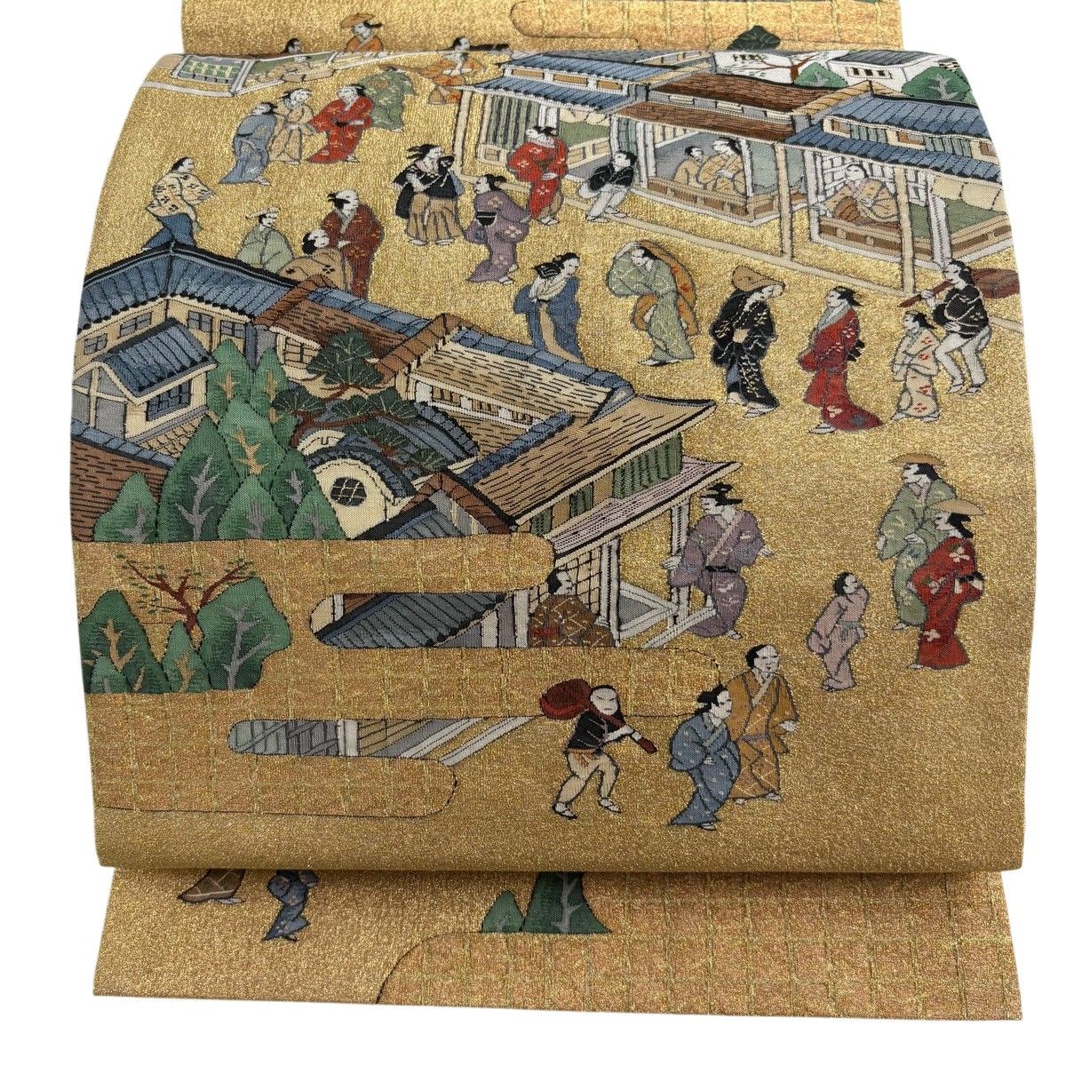 【美品】 袋帯 名品 建物 人物 金糸 金色 お太鼓柄 正絹 【中古】