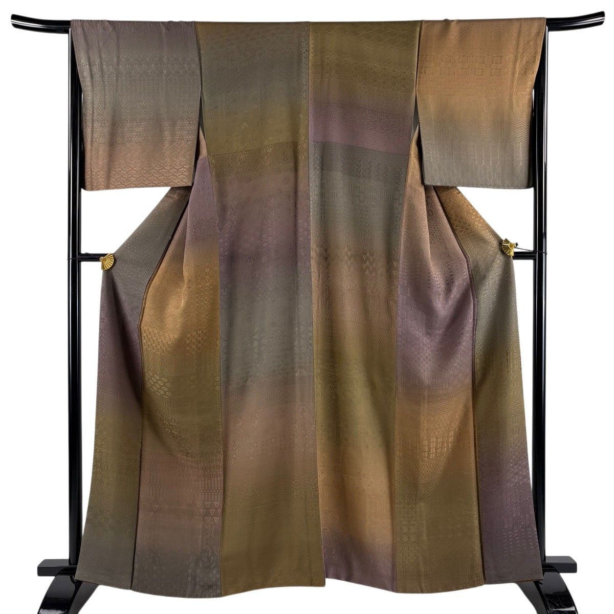 【美品】 小紋 身丈161cm 裄丈66cm M 袷 地紋 ぼかし 茶緑色 正絹 秀品 【中古】 7,040円