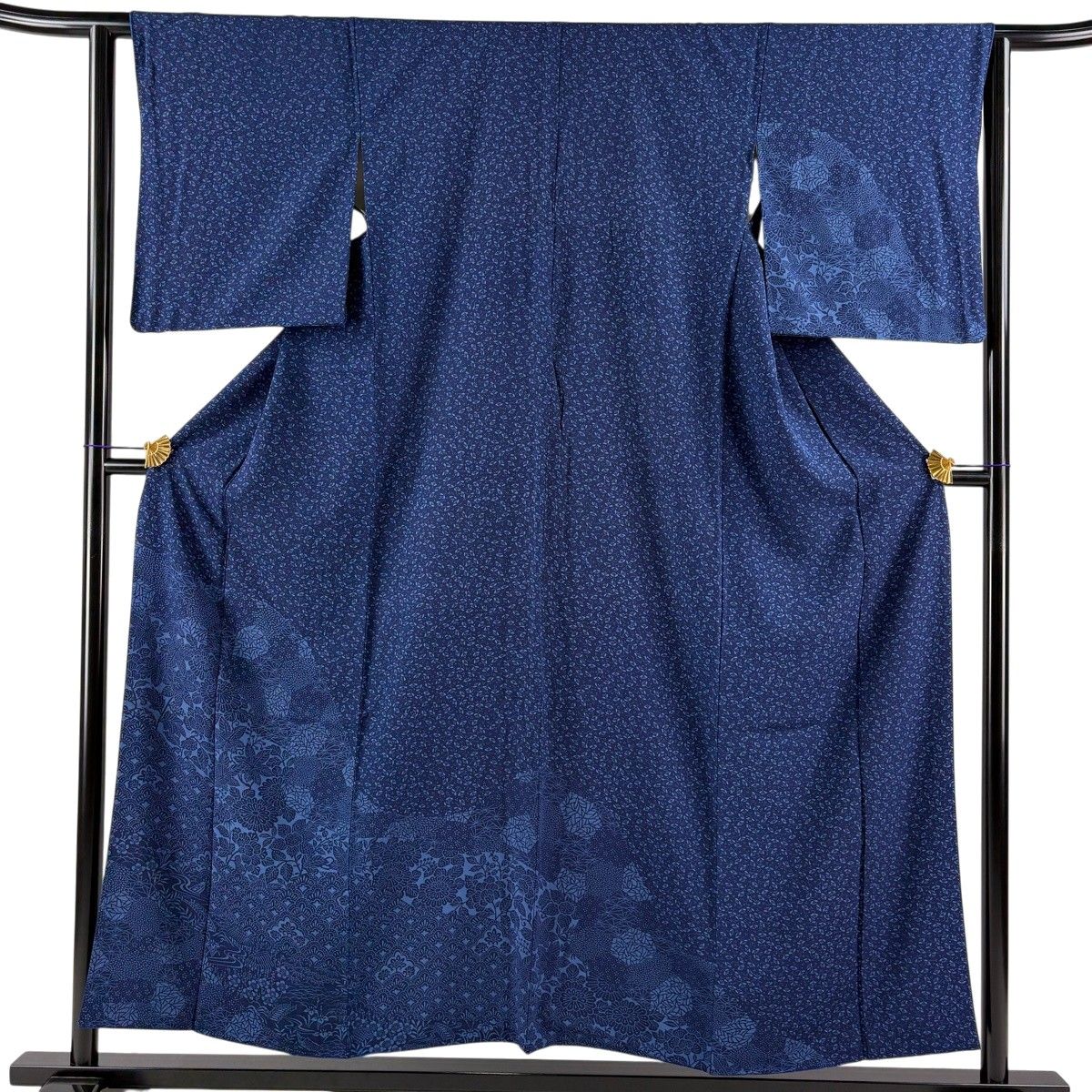 【美品】 付下げ 身丈154cm 裄丈62cm S 袷 草花 家屋 藍色 正絹 秀品 【中古】