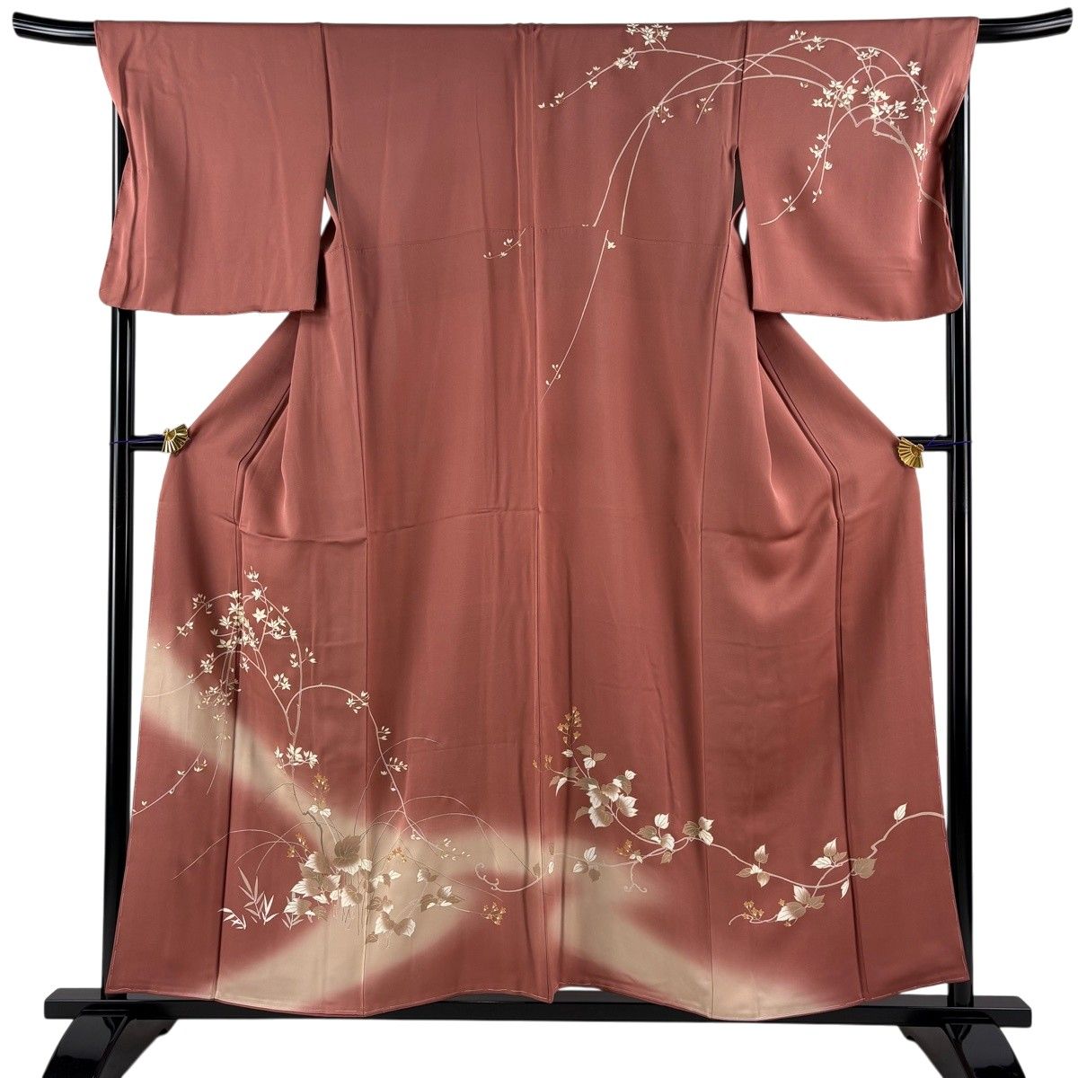 訪問着 身丈156cm 裄丈68cm L 袷 枝花 草花 金糸 金彩 濃ピンク 正絹 秀品 【中古】