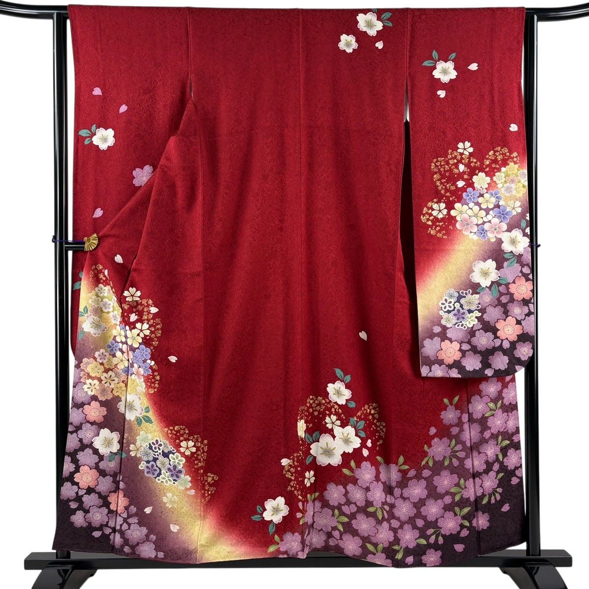 振袖 身丈158cm 裄丈62.5cm S 袷 桜 梅 金糸 金彩 赤 正絹 秀品 【中古】