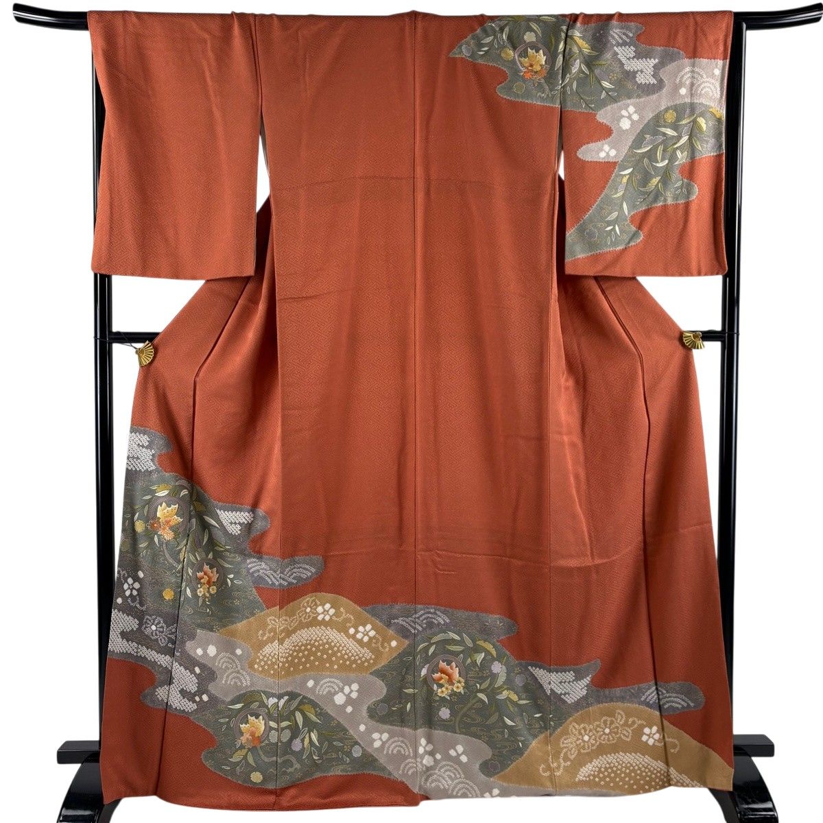 訪問着 身丈166cm 裄丈68cm L 袷 鈴乃屋 蝶 草花 刺繍 絞り 赤茶 正絹 秀品 【中古】