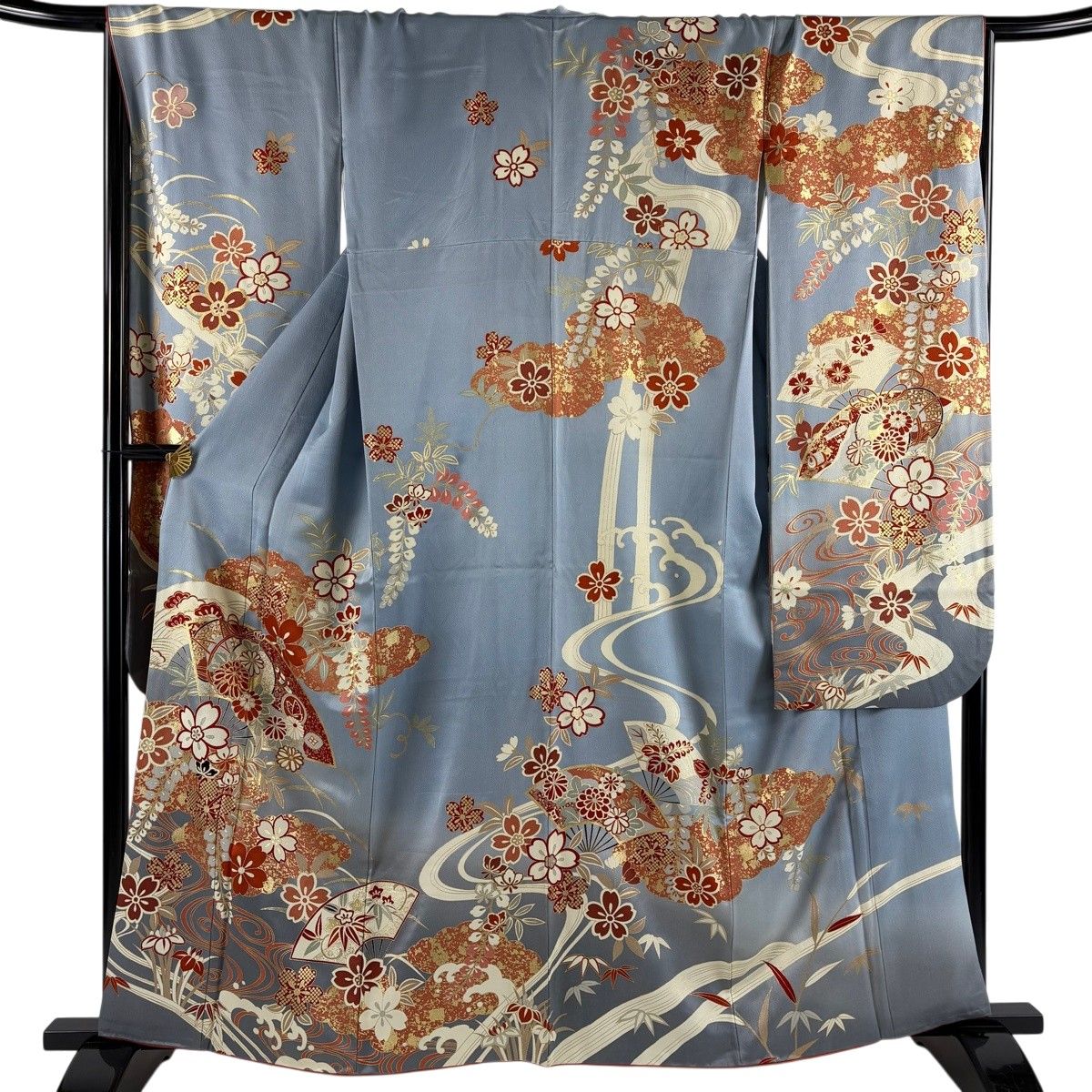 振袖 身丈159.5cm 裄丈68cm L 袷 扇 桜 金糸 金彩 青灰色 正絹 秀品 【中古】
