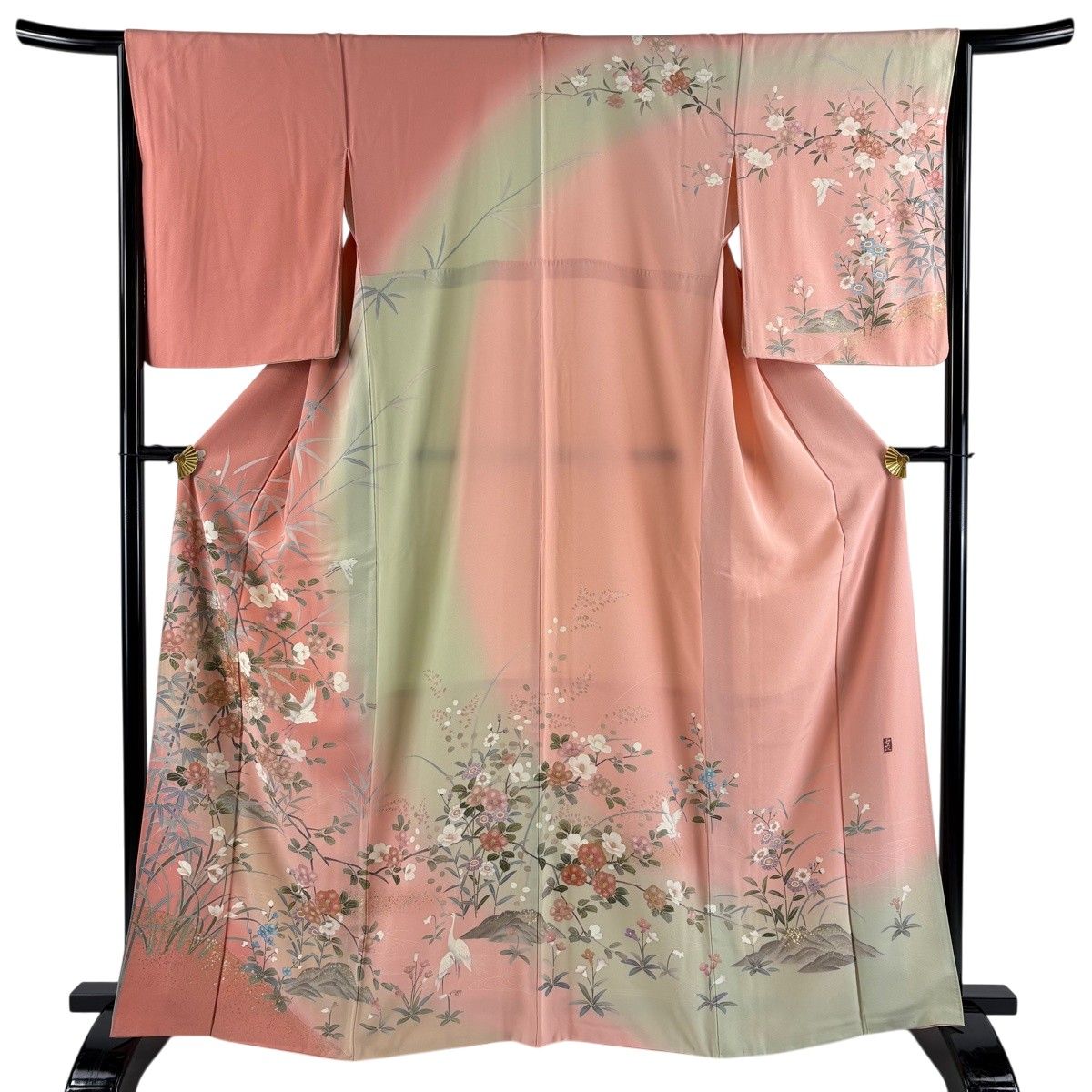 訪問着 身丈164cm 裄丈65cm M 袷 落款 椿 鳥 金銀彩 染め分け ピンク 正絹 秀品 【中古】 6,512円