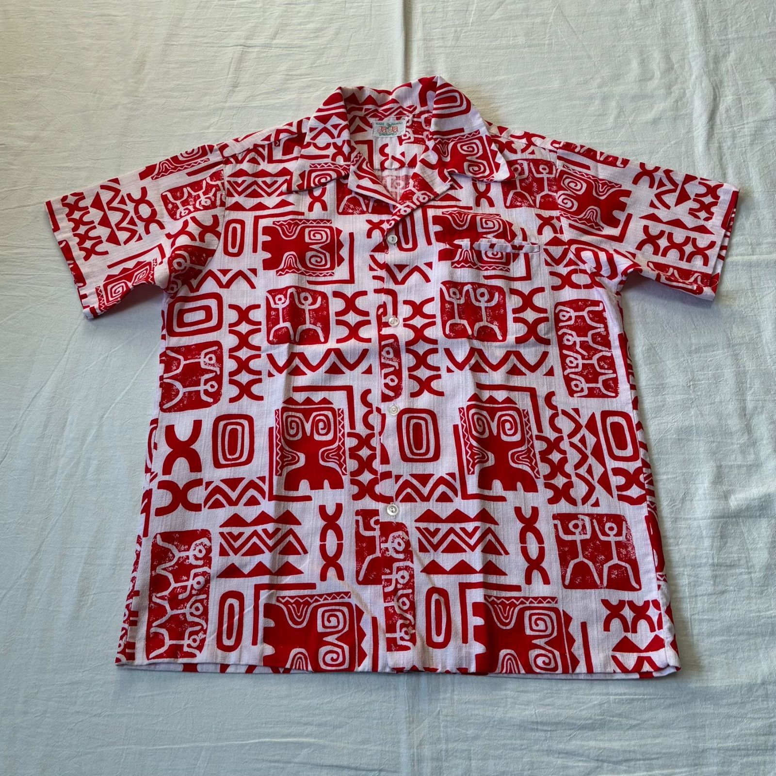 60s 70s JaJa Fashions アロハシャツ オープンカラー 幾何学模様 ホワイト×レッド