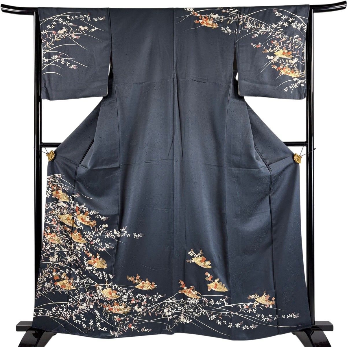訪問着 身丈160.5cm 裄丈64cm M 袷 秋草 色紙 金糸 金彩 黒灰 正絹 秀品 【中古】