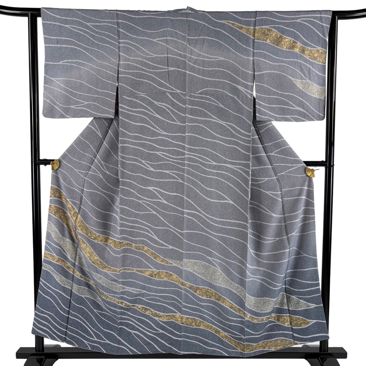 訪問着 身丈155.5cm 裄丈62cm S 袷 波 金彩 染め分け 灰紫 正絹 秀品 【中古】
