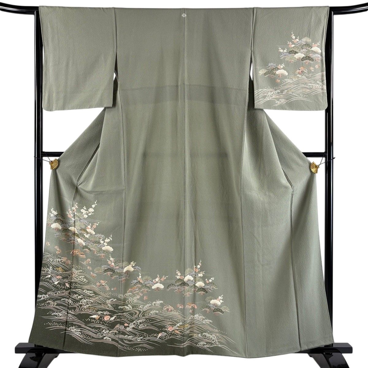 訪問着 身丈159cm 裄丈65cm M 袷 松梅 波頭 金糸 金彩 灰緑 正絹 秀品 一つ紋 【中古】