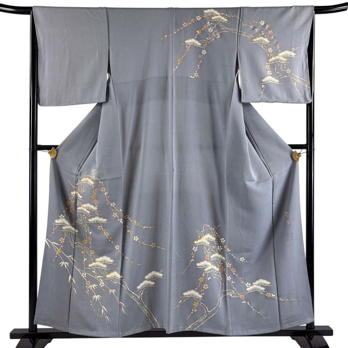 訪問着 身丈156.5cm 裄丈66.5cm M 袷 落款 松竹梅 金彩 灰色 正絹 秀品 【中古】