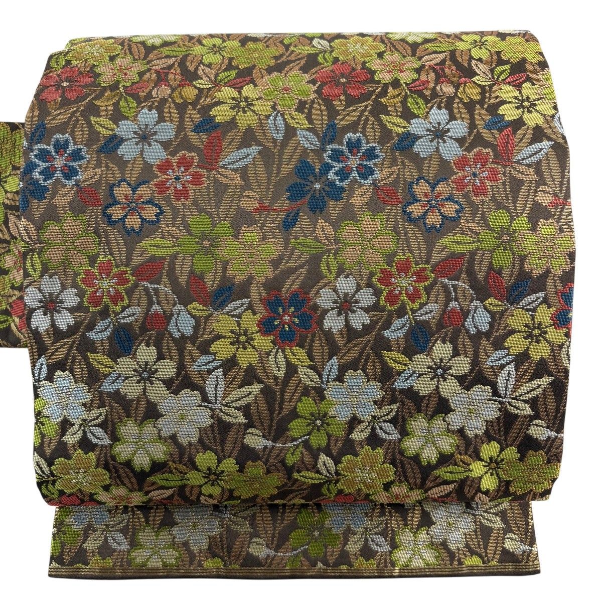 【美品】 名古屋帯 秀品 川島織物 落款 関西仕立て 桜 箔 焦茶色 正絹 【中古】