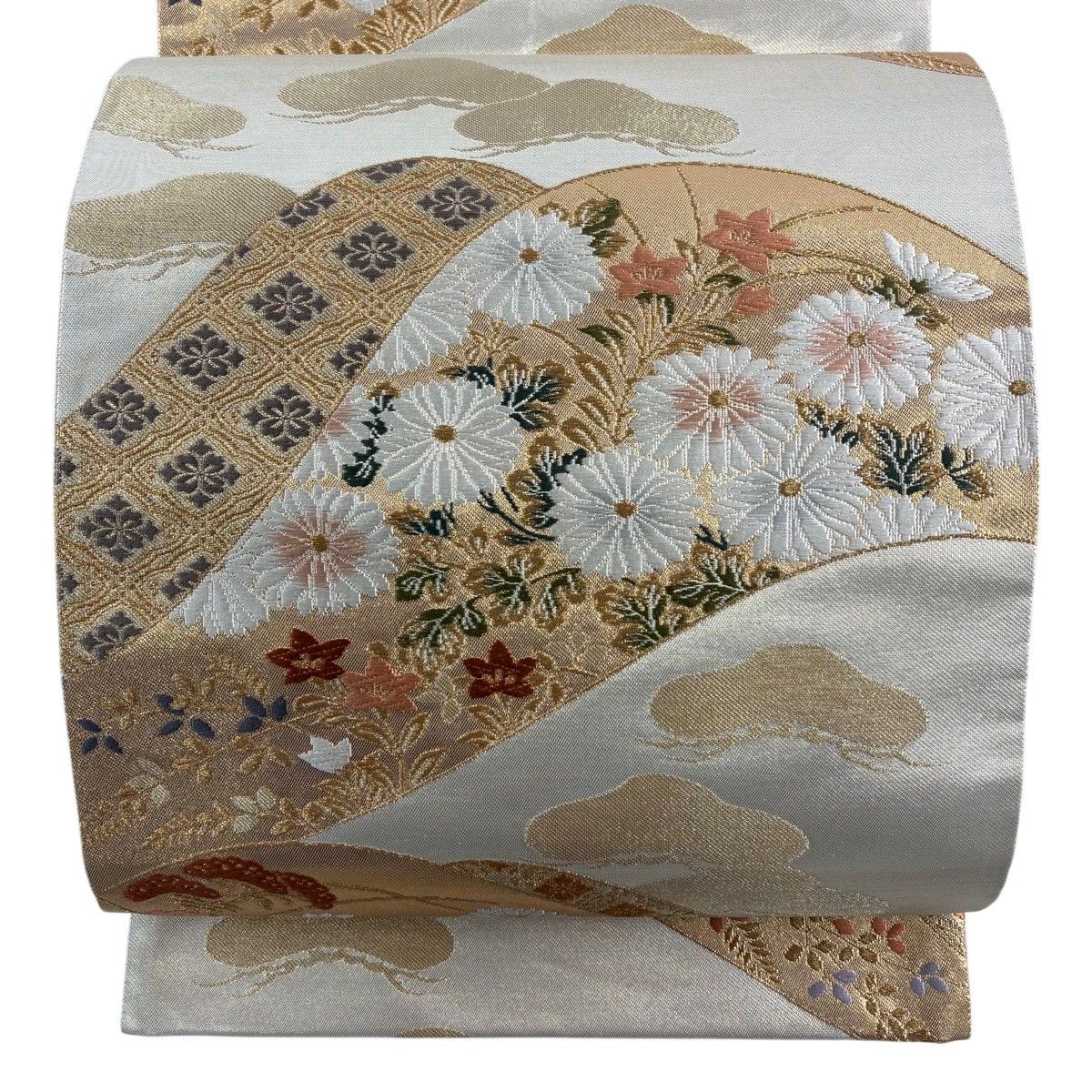 【美品】 袋帯 秀品 秋草 山並み 金糸 唐織 金色 六通 正絹 【中古】