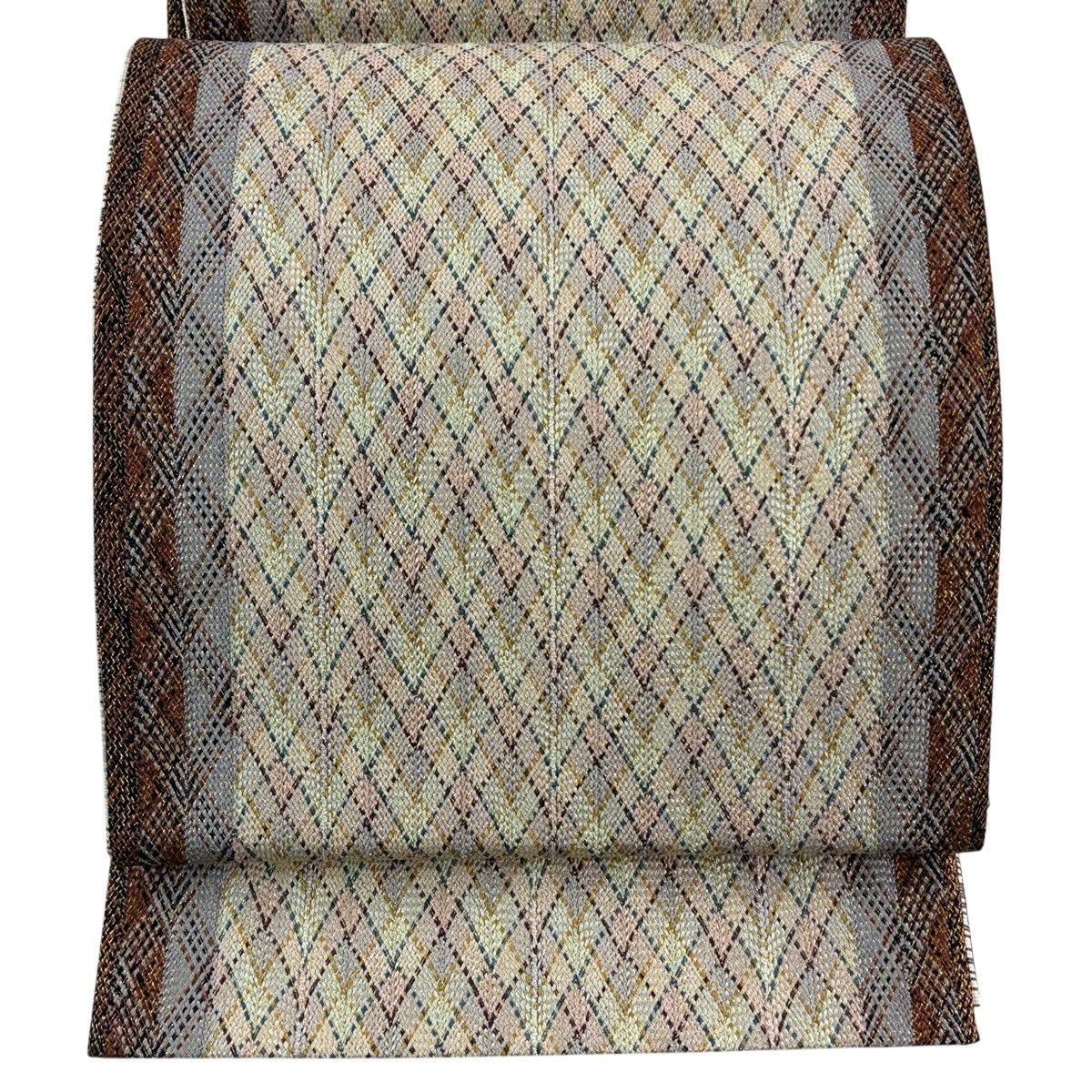 【美品】 袋帯 秀品 斜め格子 金糸 ベージュ 全通 正絹 【中古】 6,952円