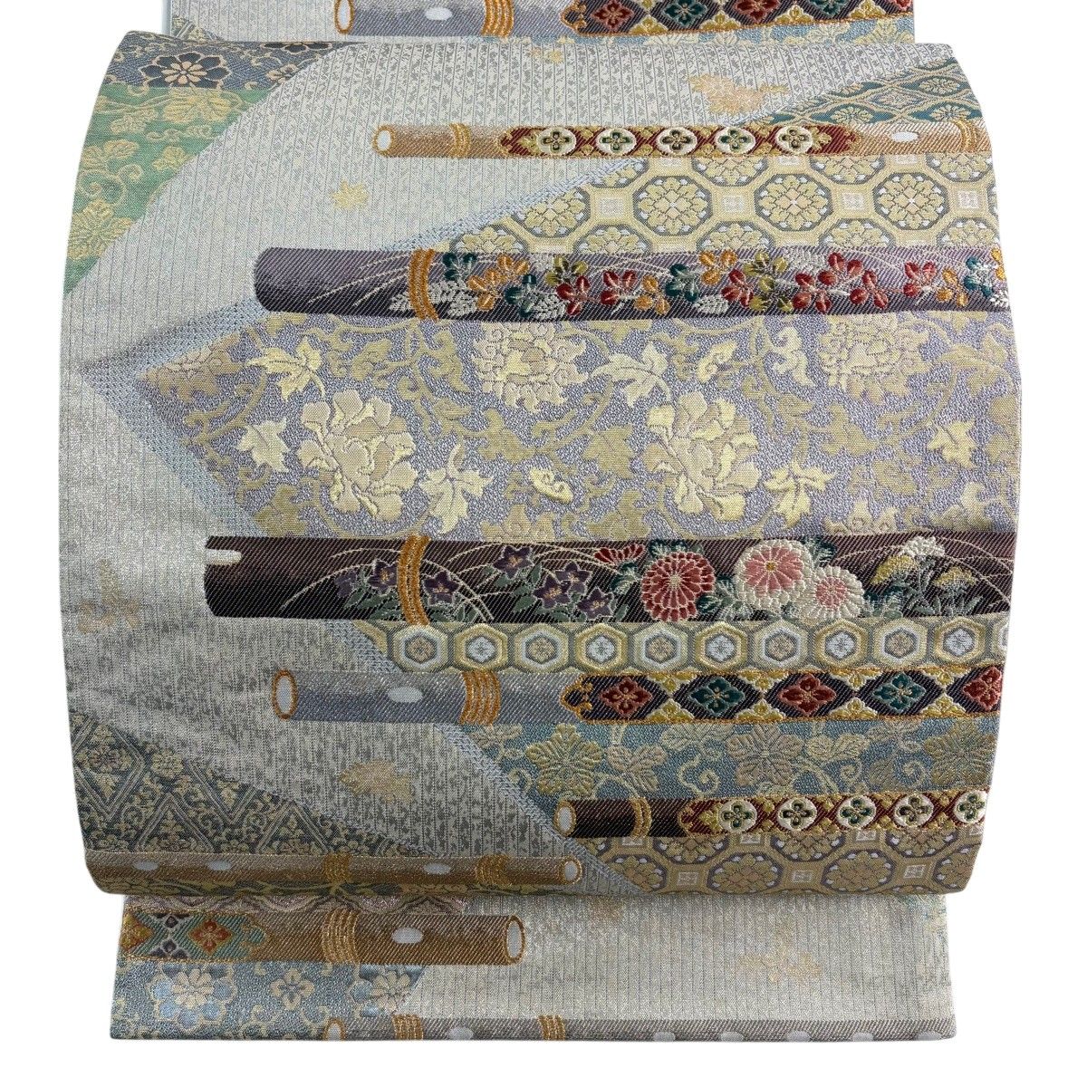 【美品】 袋帯 秀品 笛 有職文様 金糸 箔 銀色 六通 正絹 【中古】