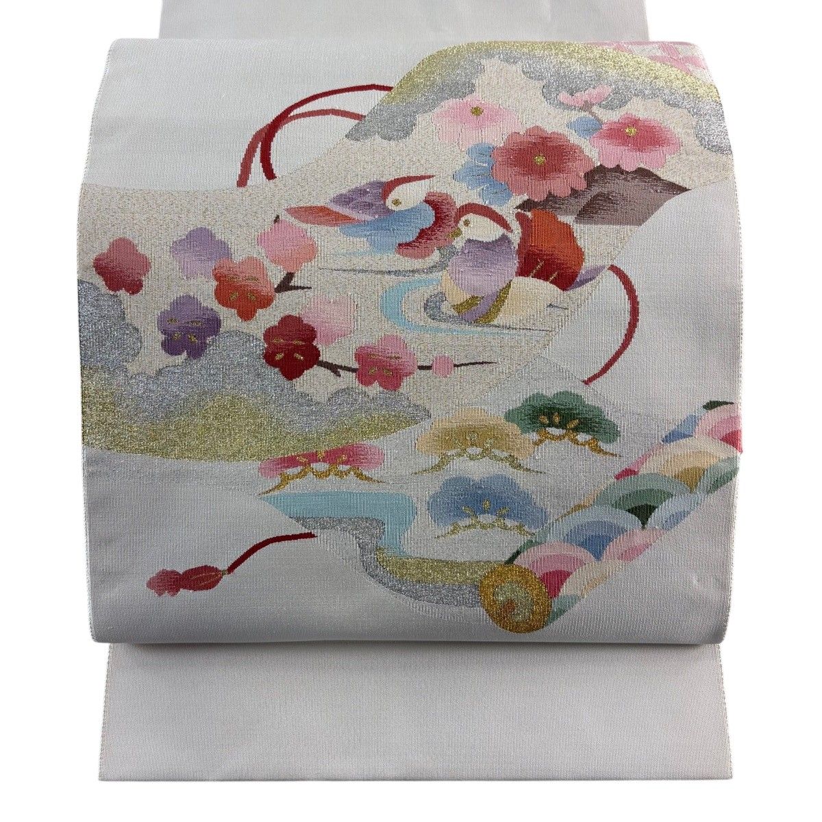 名古屋帯 秀品 八寸名古屋帯 松葉仕立て 鴛鴦 松梅 金銀糸 灰白 正絹 【中古】 6,512円