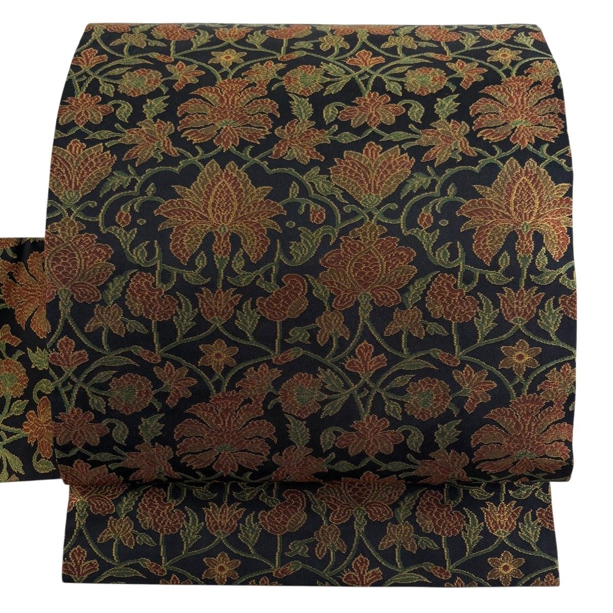 【美品】 名古屋帯 秀品 織悦 落款 花唐草 箔 黒 正絹 【中古】