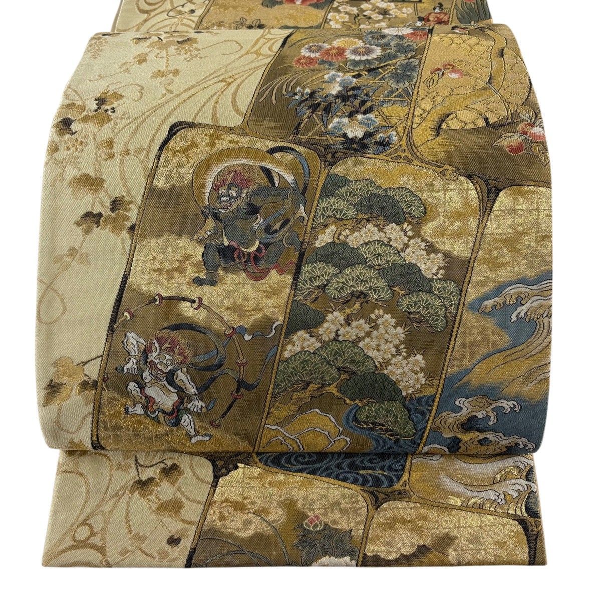【美品】 袋帯 秀品 人物 草花 箔 金糸 薄茶色 六通 正絹 【中古】