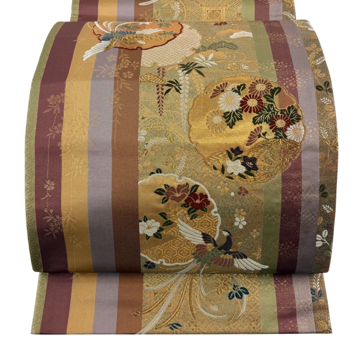 【美品】 袋帯 秀品 雪輪 花鳥 金糸 箔 オレンジ 六通 正絹 【中古】 6,952円