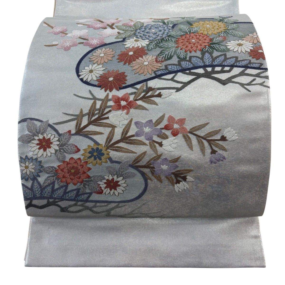 【美品】 袋帯 秀品 松竹梅 金糸 刺繍 灰白 お太鼓柄 正絹 【中古】