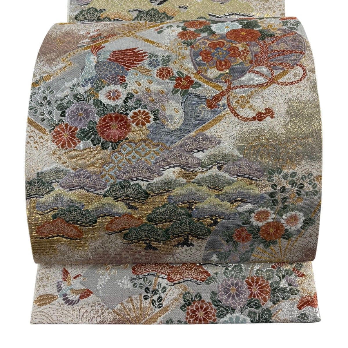【美品】 袋帯 秀品 桃山宝華松文 鼓 箔 金糸 ベージュ 六通 正絹 【中古】