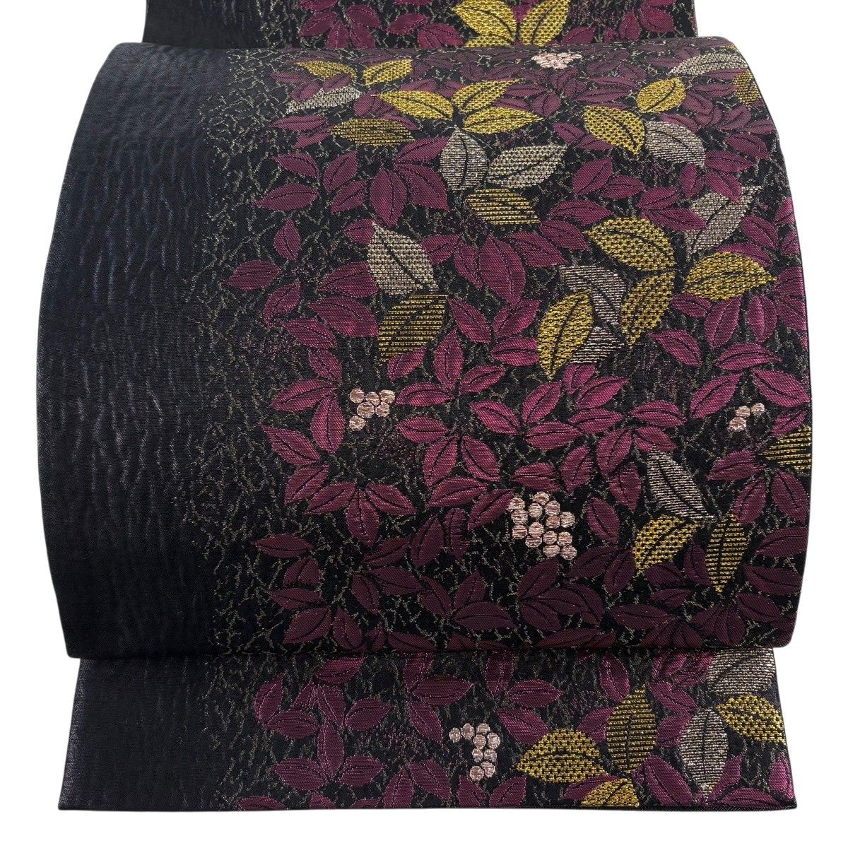 【美品】 袋帯 秀品 葉と実 金銀糸 箔 赤紫 六通 正絹 【中古】