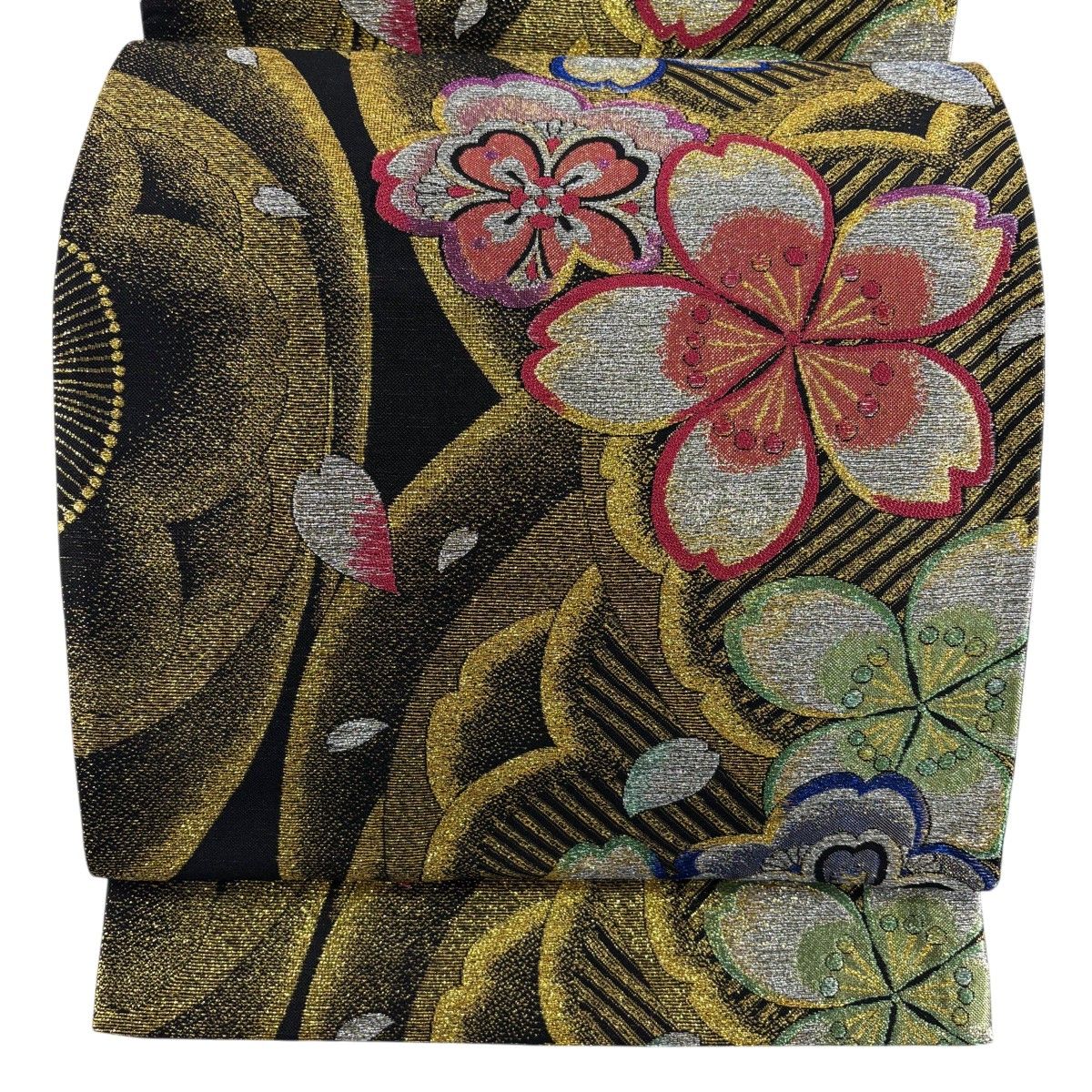 【美品】 袋帯 秀品 振袖向き 桜 花びら 金銀糸 箔 黒 六通 正絹 【中古】