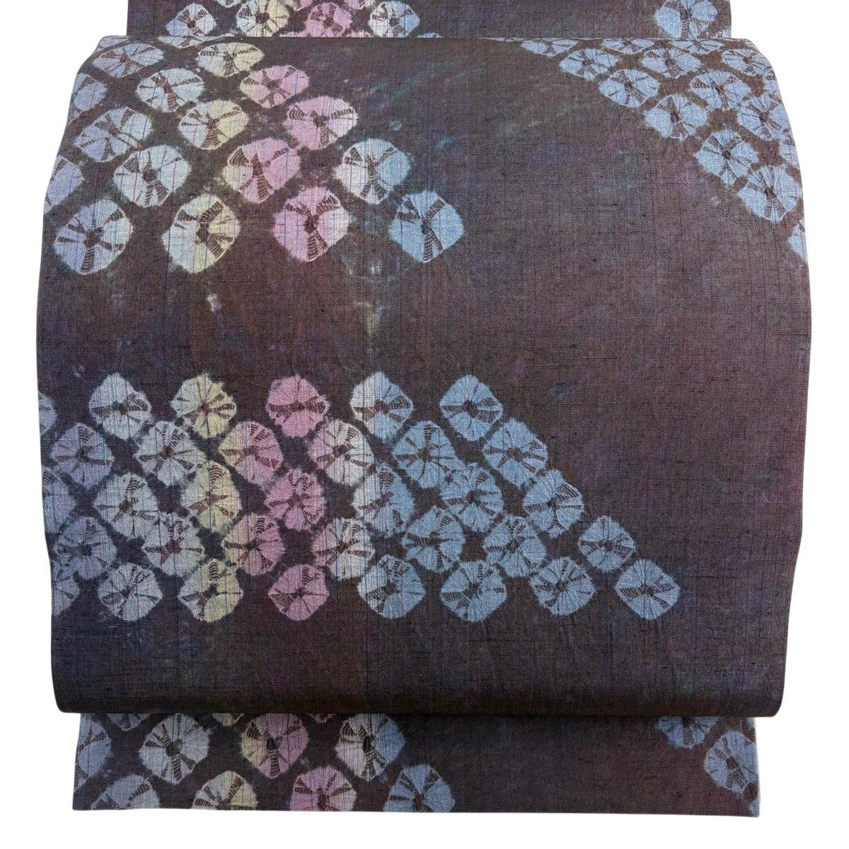 【美品】 袋帯 秀品 紬地 幾何学 絞り 紫 全通 正絹 【中古】