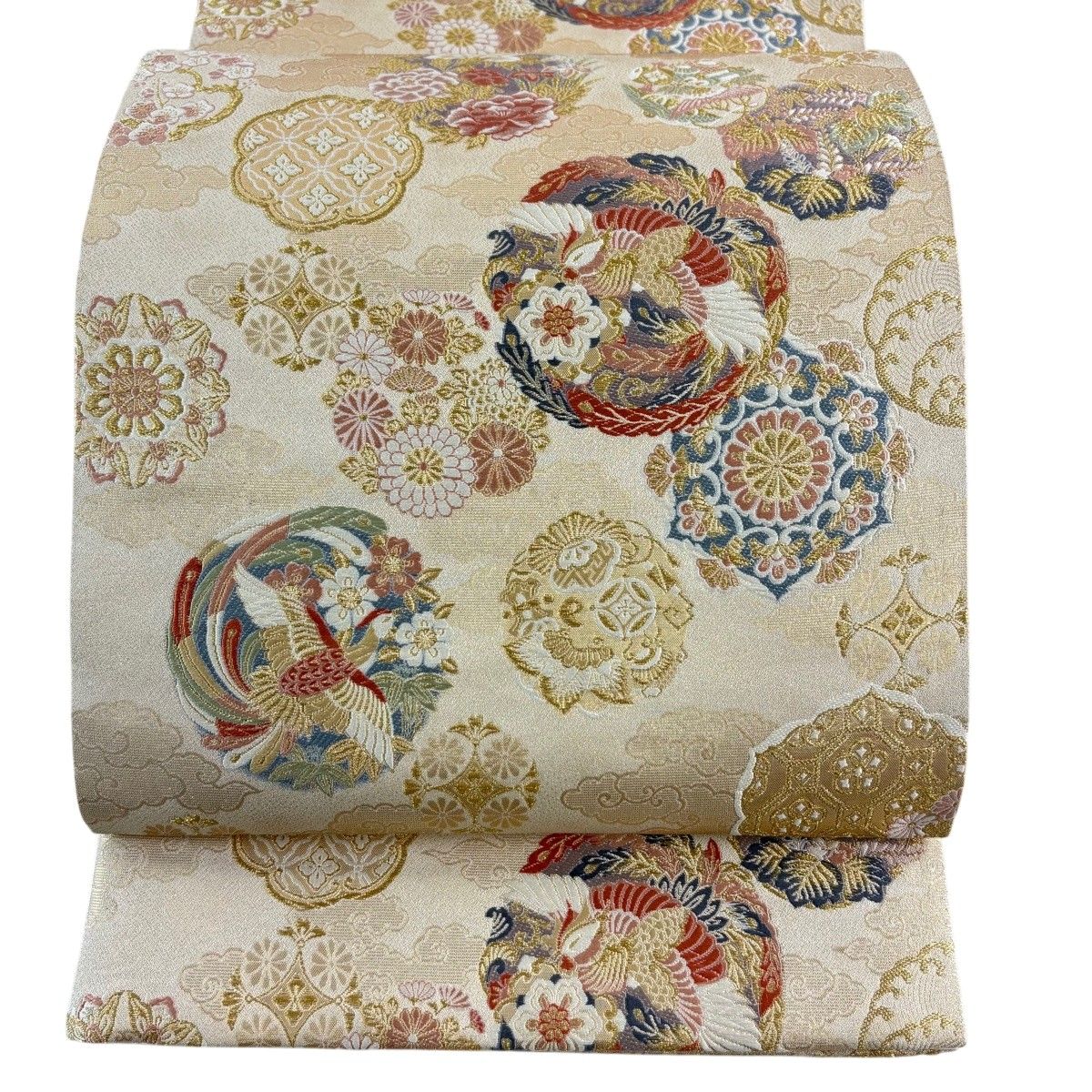 【美品】 袋帯 秀品 華文 鳳凰 金糸 箔 ベージュ 六通 正絹 【中古】