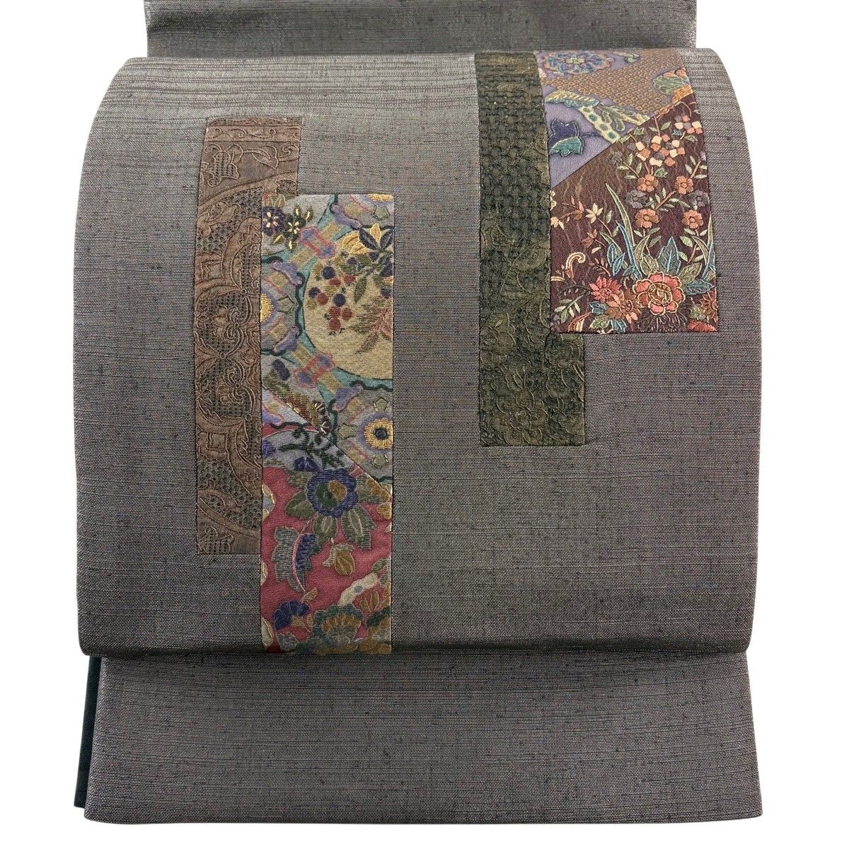 【美品】 袋帯 秀品 草花 葉と実 刺繍 切り嵌 焦茶色 お太鼓柄 正絹 【中古】