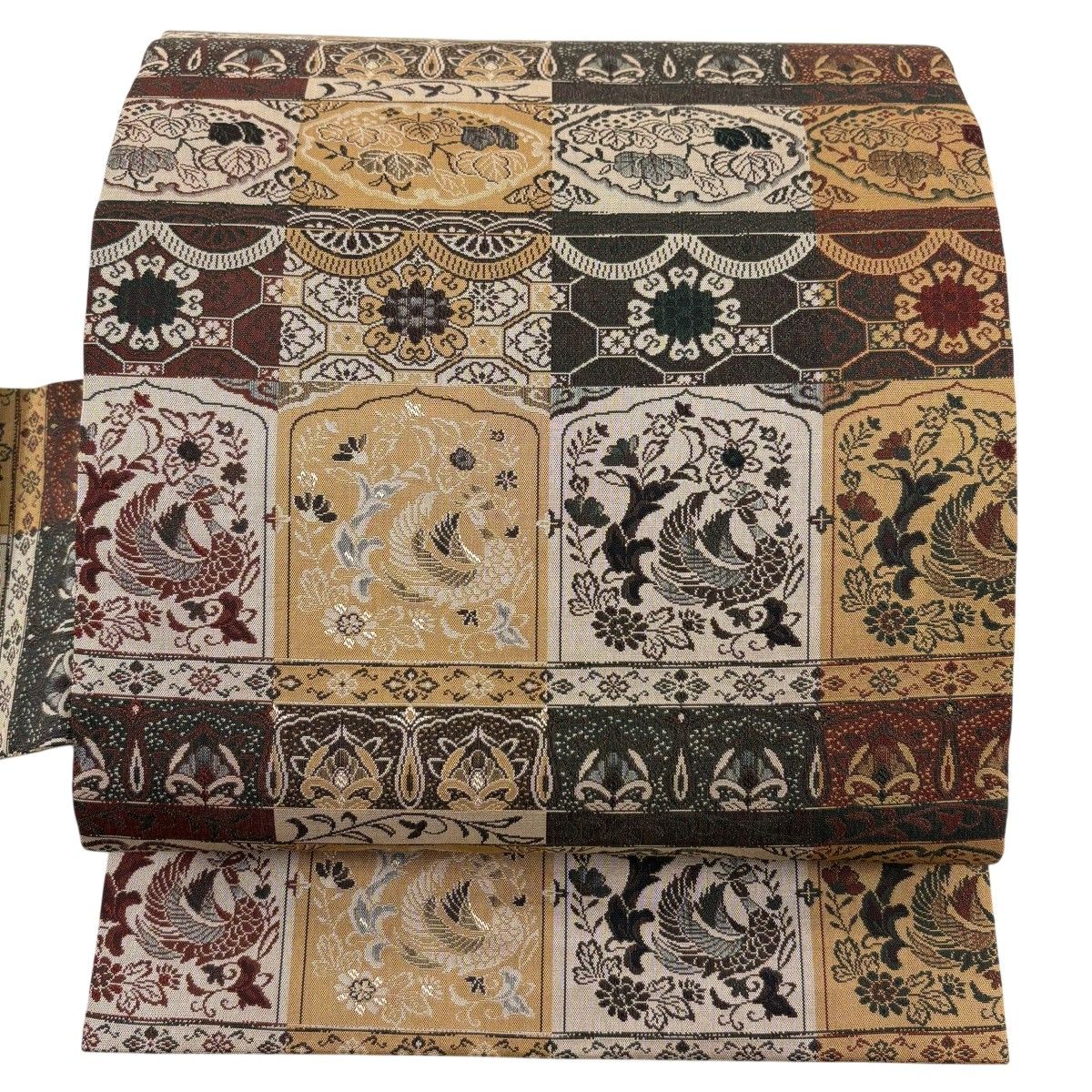 【美品】 名古屋帯 秀品 鳥 草花 薄茶色 正絹 【中古】